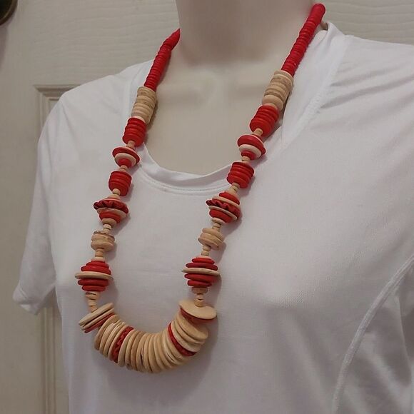 Vintage Graduated Beads Statement Necklace Red Tan Boho - Picture 2 of 5
